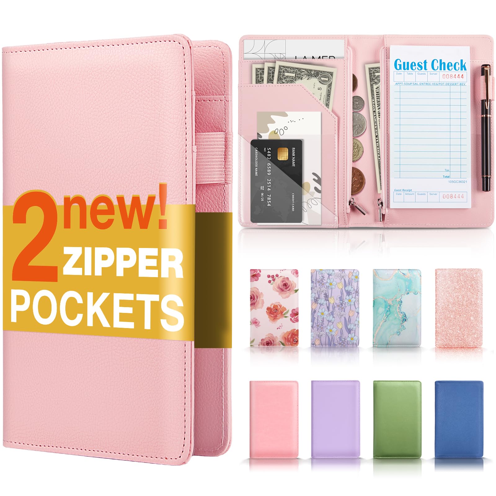 Server Book with 2 Zipper Pockets, Leather Server Books for Waitress