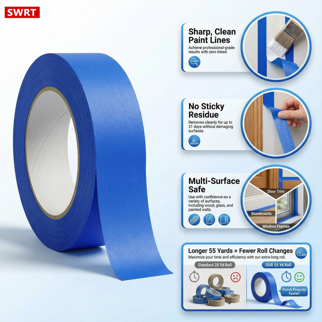 SWRT Blue Painters Tape 1 Inch x 55 Yards, 12 Rolls (660 Yards) – Sharp Clean Paint Lines, No-Residue Painters Tape for Walls, Trim & Baseboards, Easy Removal Masking Tape for Home Projects