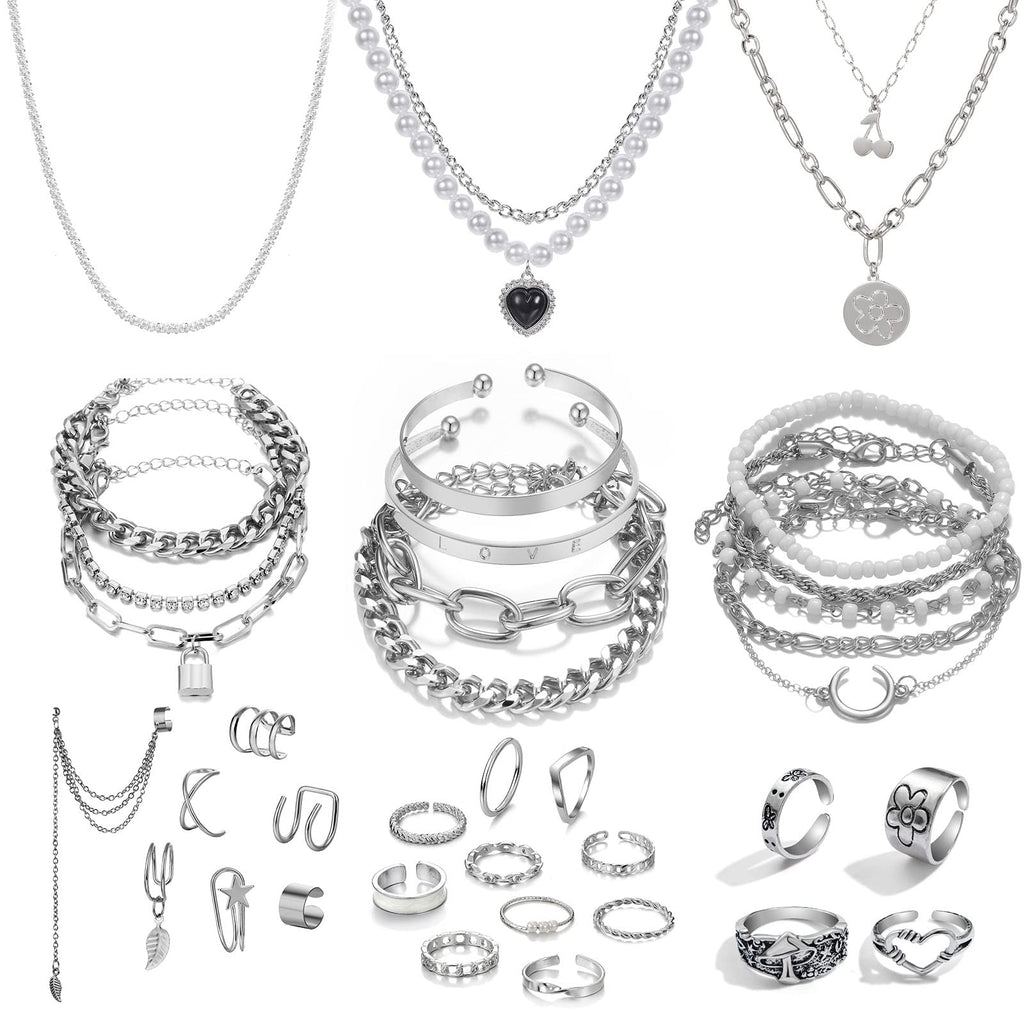 IFKM 36 PCS Silver Plated Jewelry Set with 3 PCS Necklace, 12 PCS Bracelet, 7 PCS Ear Cuffs Earring, 14 Pcs Knuckle Rings for Women Valentine Anniversary Birthday Friendship Gift