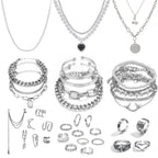 IFKM 36 PCS Silver Plated Jewelry Set with 3 PCS Necklace, 12 PCS Bracelet, 7 PCS Ear Cuffs Earring, 14 Pcs Knuckle Rings for Women Valentine Anniversary Birthday Friendship Gift