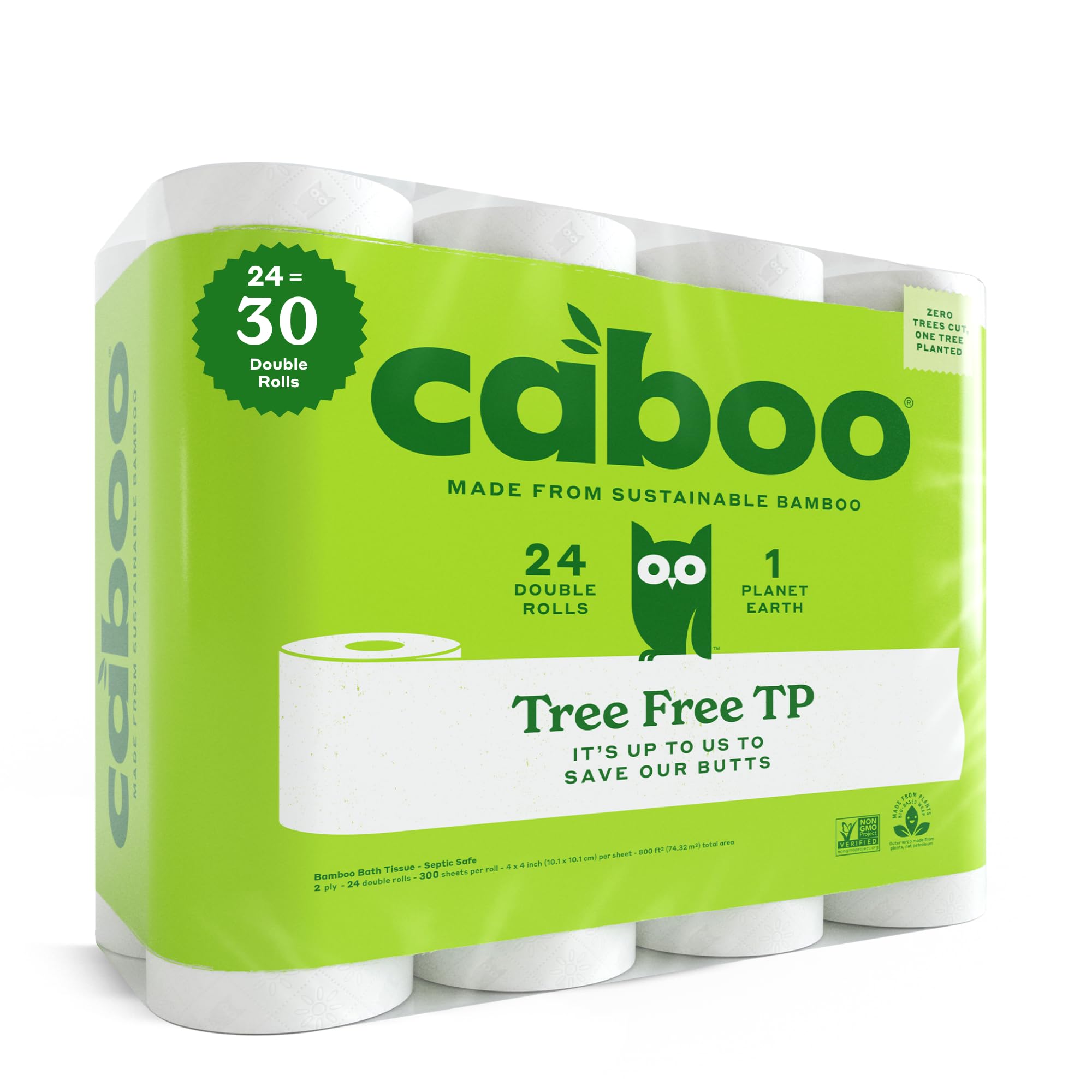 Caboo Tree Free Toilet Paper | Septic Safe, Eco Friendly, Chemical Free, Non Toxic | 2 Ply Toilet Tissue, Pack of 24 Double Rolls, 300 Sheets Per Roll