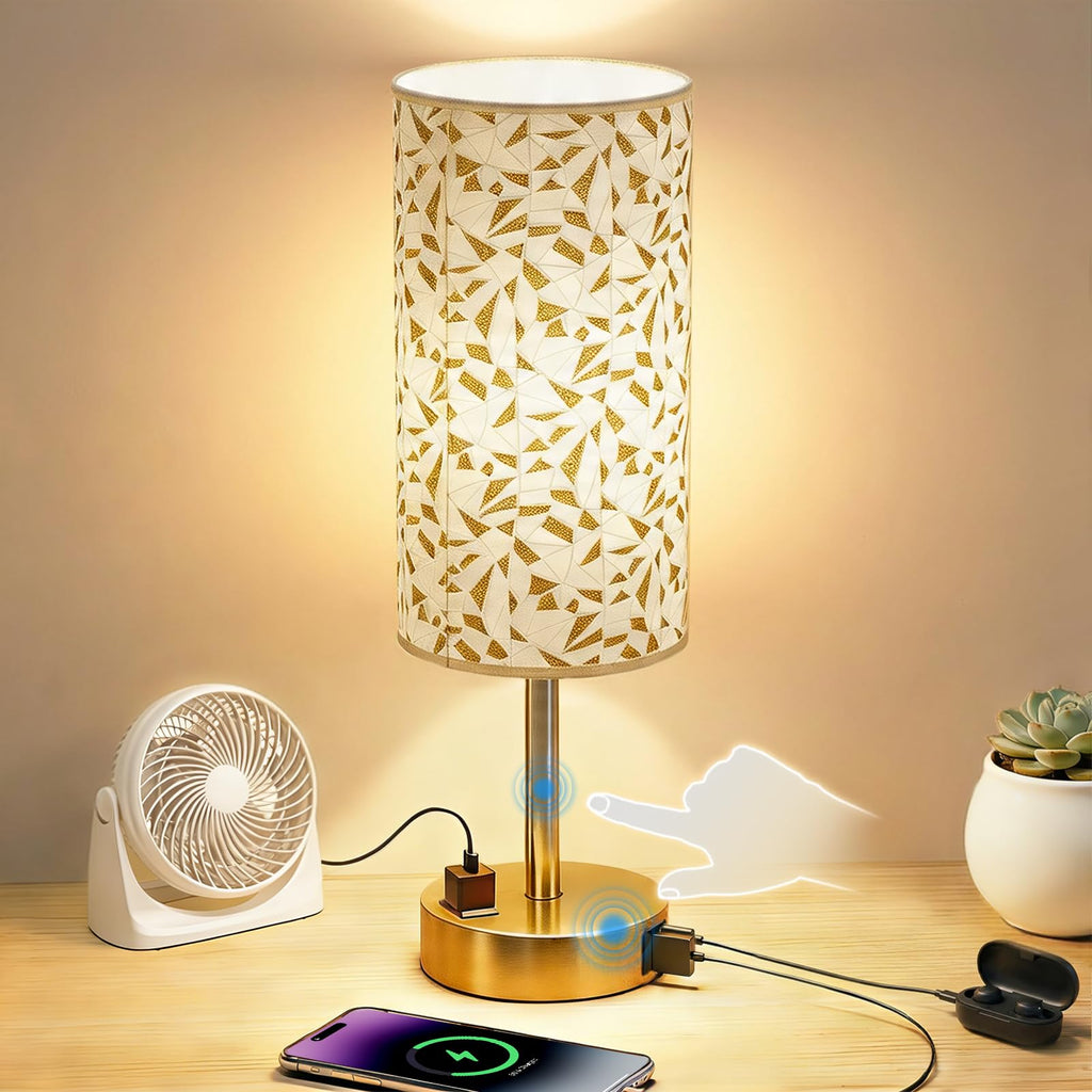 Fitfull Table Lamp for Nightstand, High-Sensitivity Touch, 3-Level Dimmable Bedside Lamp with AC Outlet | USB | and USB-C, Ideal Night Stand Lamp for Bedroom, Reading, Living Room(Triangle&Gold)