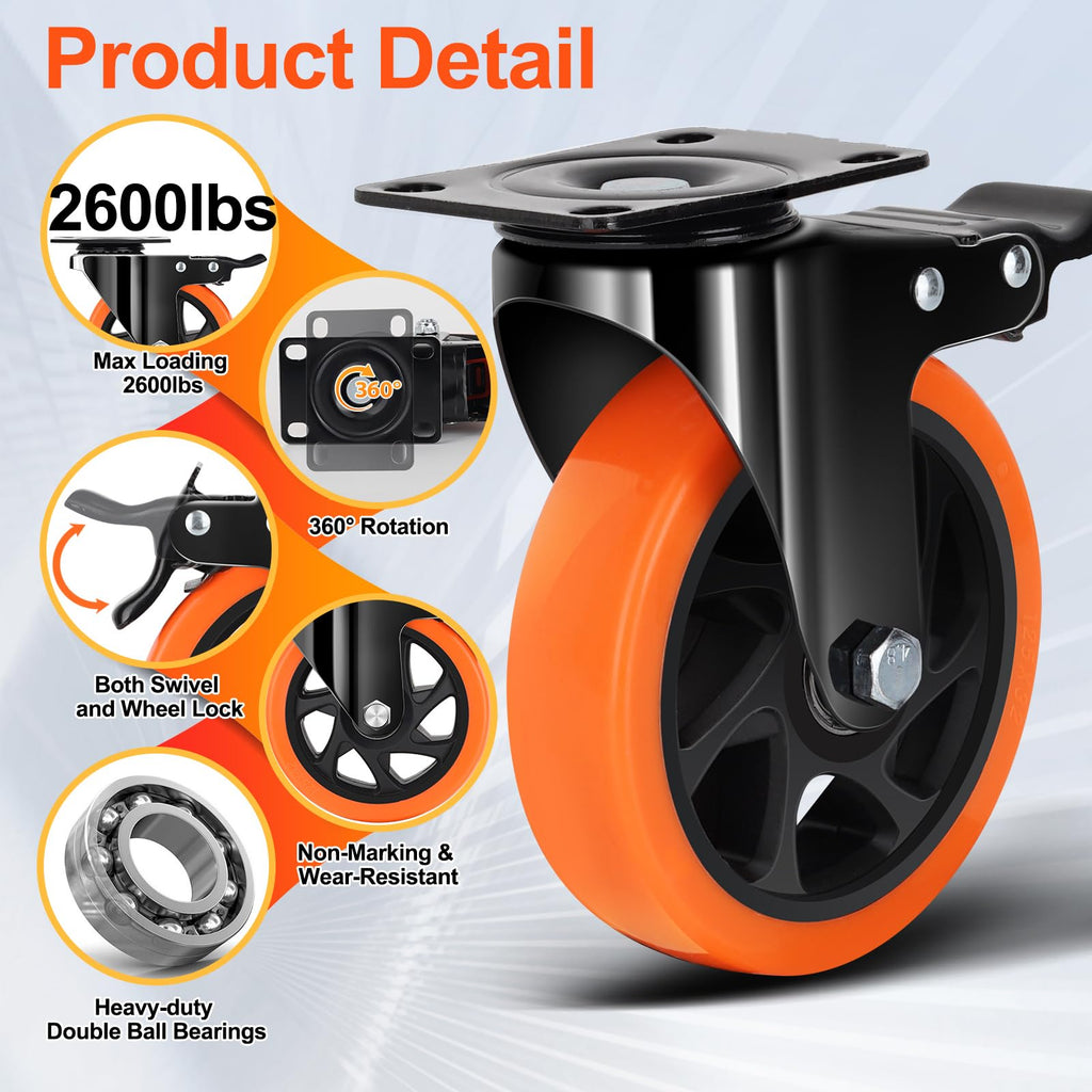 QNCZ Caster Wheels, 5 Inch Heavy Duty Casters Set of 4, Silent Industrial Casters Load 2600lbs, Swivel Casters for Furniture, Workbench and Cart Wheels