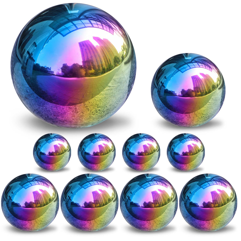 yarlung 10 Pack Stainless Steel Rainbow Gazing Balls, 50-150 mm Garden Mirror Globe Floating Sphere, Polished Hollow Ball Reflective Ornament for Home Yard Outdoor Lawn Decoration