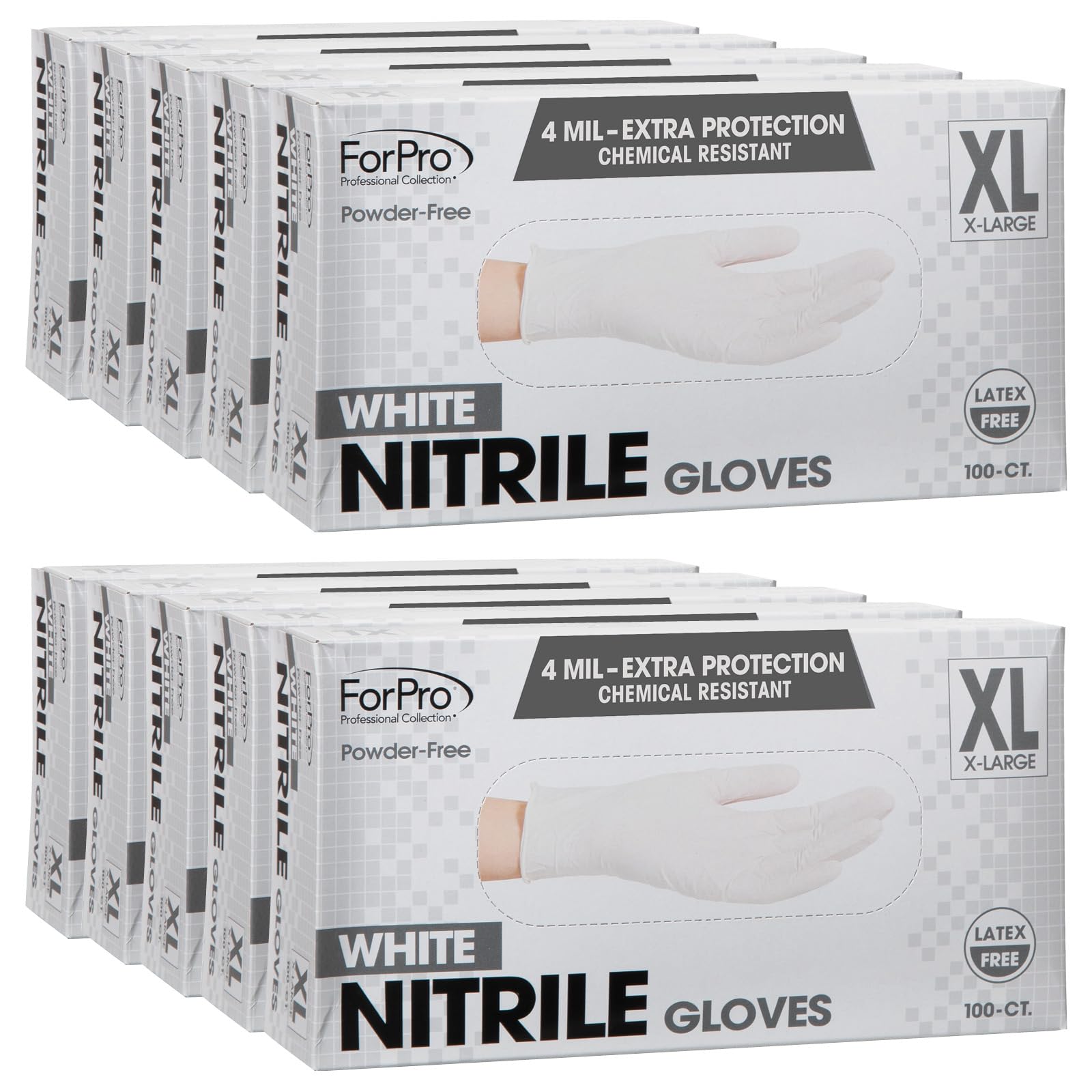 ForPro Disposable Nitrile Gloves, Chemical Resistant, Powder-Free, Latex-Free, Non-Sterile, Food Safe, 4 Mil, White, X-Large, 1000-Count