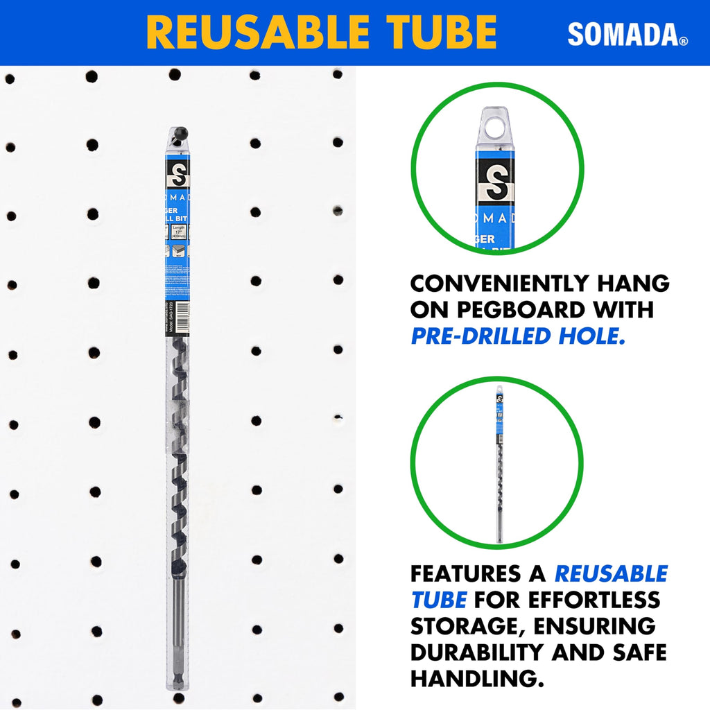 SOMADA 3/8-Inch x 17-Inch Auger Drill Bit for Wood, Hex Shank 3/8-Inch One Piece, Ship Auger Long Drill Bit for Soft and Hard Wood, Plastic, Drywall and Composite Materials