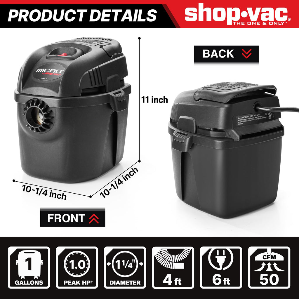 Shop-Vac 2021005 1 Gallon Micro Wet/Dry Vacuum, 1.0 Peak HP, 1.25 Inch Diameter x 4 Foot Hose, 6 Food Cord, Lightweight and Portable, Quick Wet/Dry Pickup