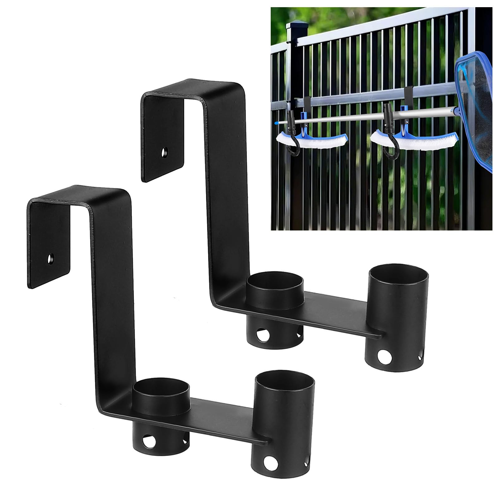 Lettry 2 Pcs Pool Fence Hooks, Pool Tool Organizer, for Hanging Pool Cleaning Accessories, Pool Pole, Brush, Leaf Skimmer Net, Vacuum Head, Suitable for 3/4 Inch to 1-1/4 inch Railing