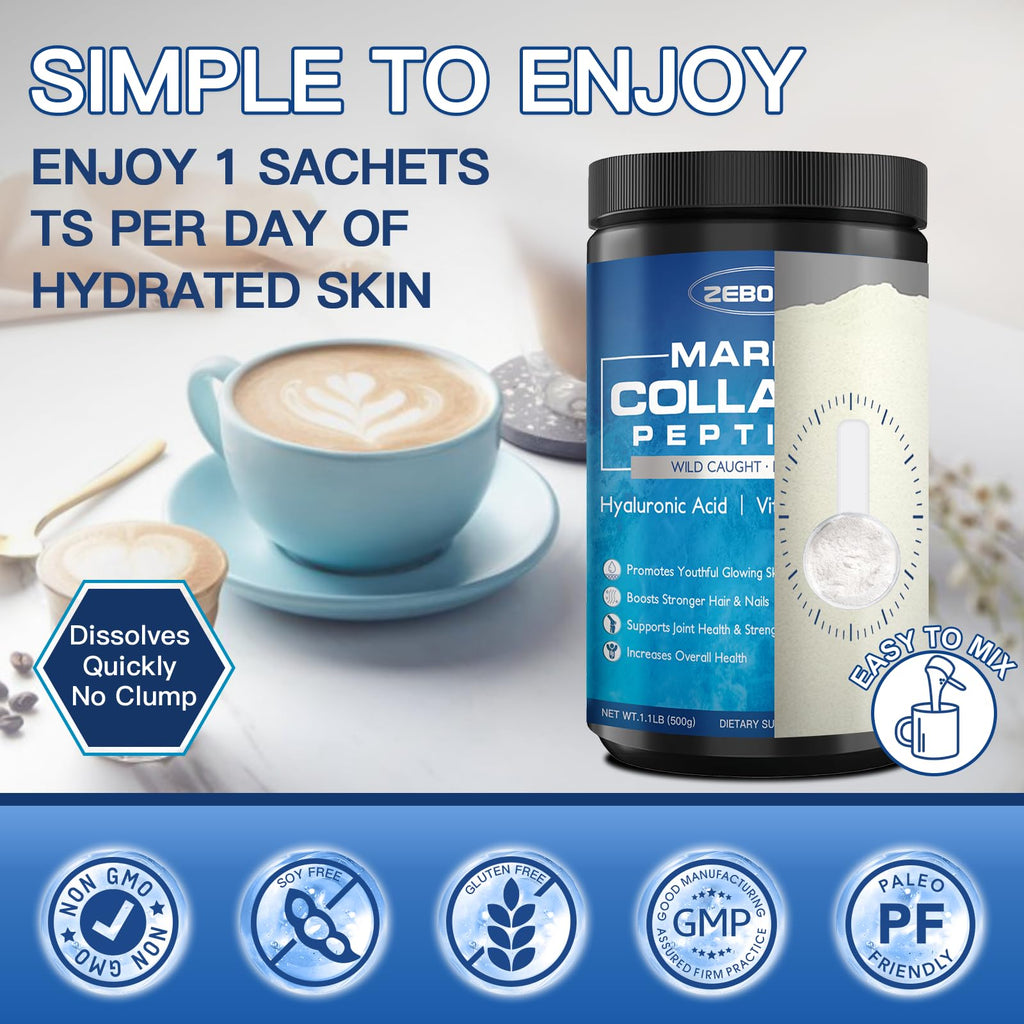 ZEBORA Marine Collagen Peptides Powder 50 Servings - Wild Caught Hydrolyzed Fish Collagen with Hyaluronic Acid, Keratin, Multivitamins - Collagen for Women Support Skin Hair Nail Joint, Keto Friendly