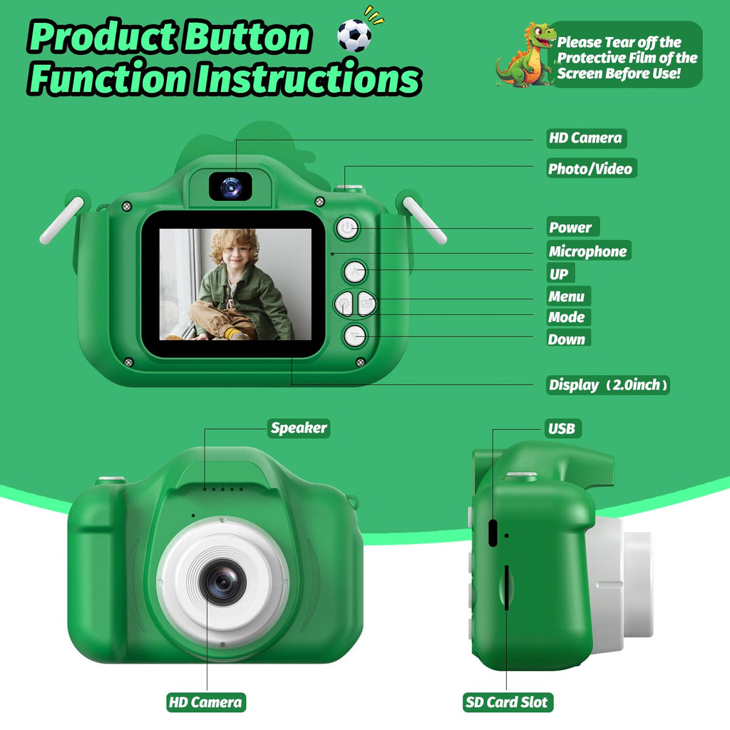 Dinosaur Kids Camera for Boys Girls, Toddler Digital Selfie Camera with Cute Protective Cover and SD Card, Christmas Birthday Gifts Toys for 3 4 5 6 7 8 9 10 11 12 Years Old Little Girls and Boys