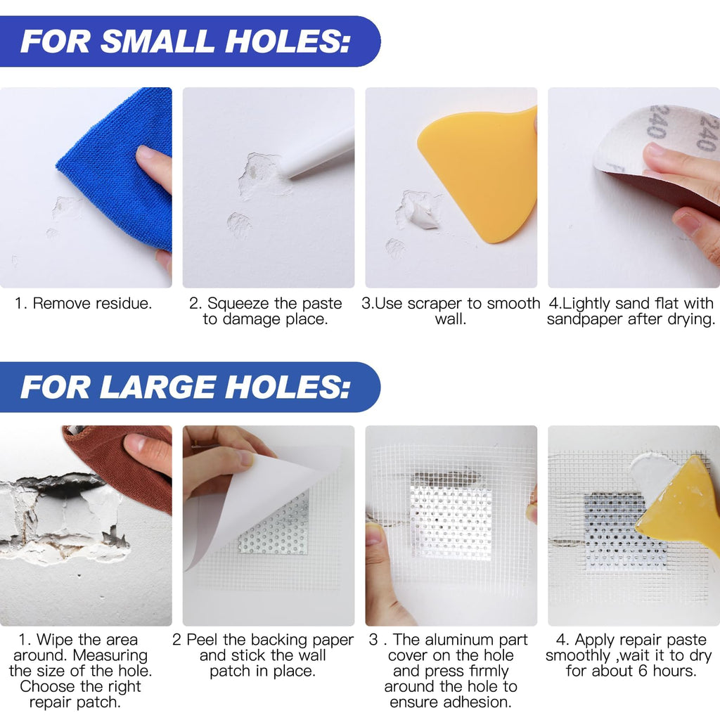 SEISSO Drywall Repair Kit, Wall Mending Agent*3(100g), Wall Patch*4, Scraper and Sandpaper*2, Wall Repair Paste Kit for Wall Cracks, Graffiti, Whitewall Hole Filler and Plaster Dent Repair