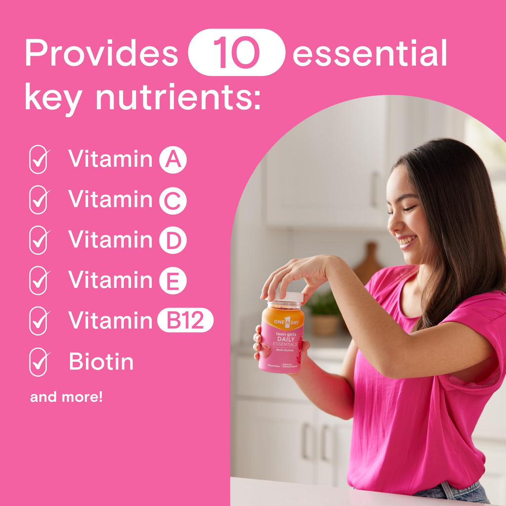 One A Day Teen Girl’s Daily Essentials Multivitamin Gummies, Teen Girl Multivitamins with Biotin, Vitamin B12 and B6, Vitamin C, Raspberry Natural Flavor, 120 Gummies