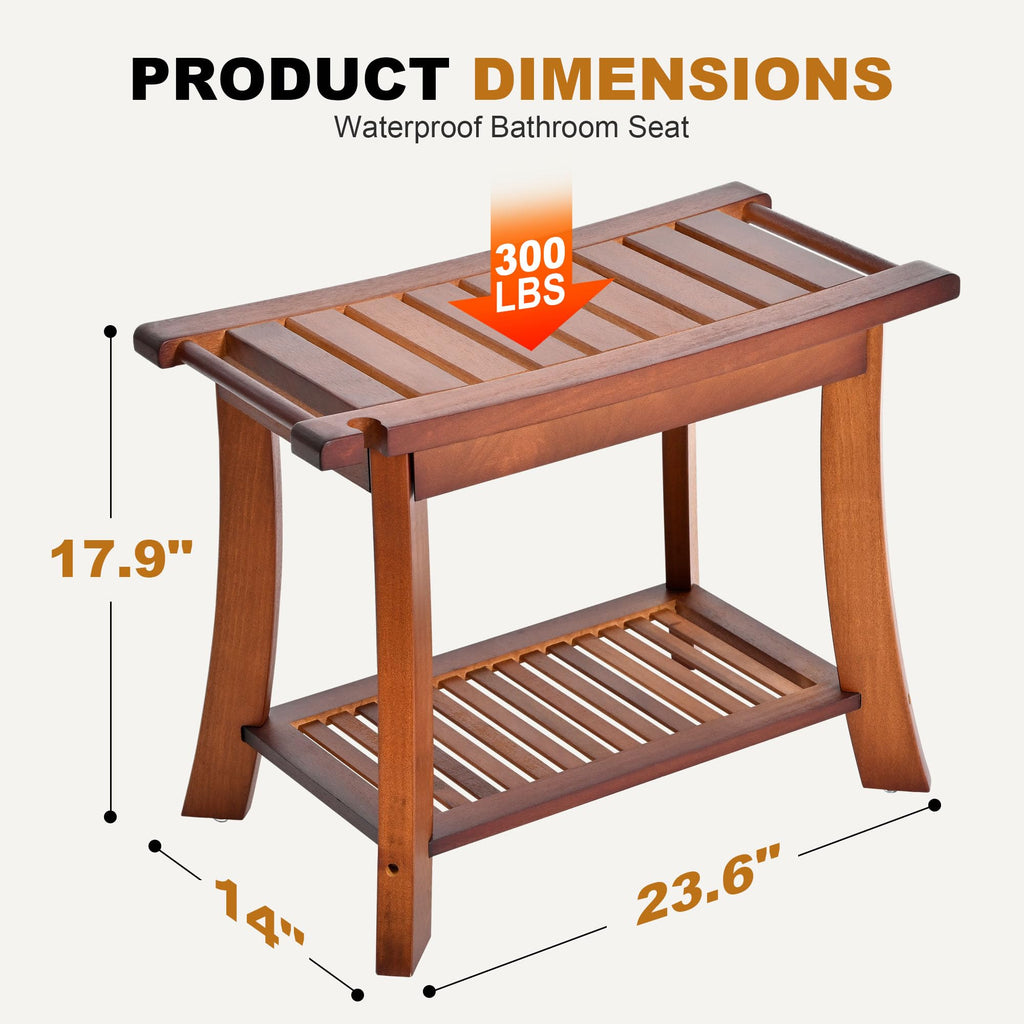 Jekruiet Teak Shower Chair Stool, 24" Shower Bench Seat, Wooden Bathroom Bench with Storage Shelf for Indoor & Outdoor Use