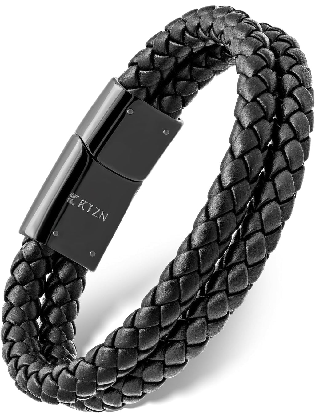 RTZN® Black Leather Bracelet for Men – Premium Artisan Handcrafted Double Strand Black Braided Leather Bracelet – Authentic Stacked Mens Leather Bracelets (Medium)