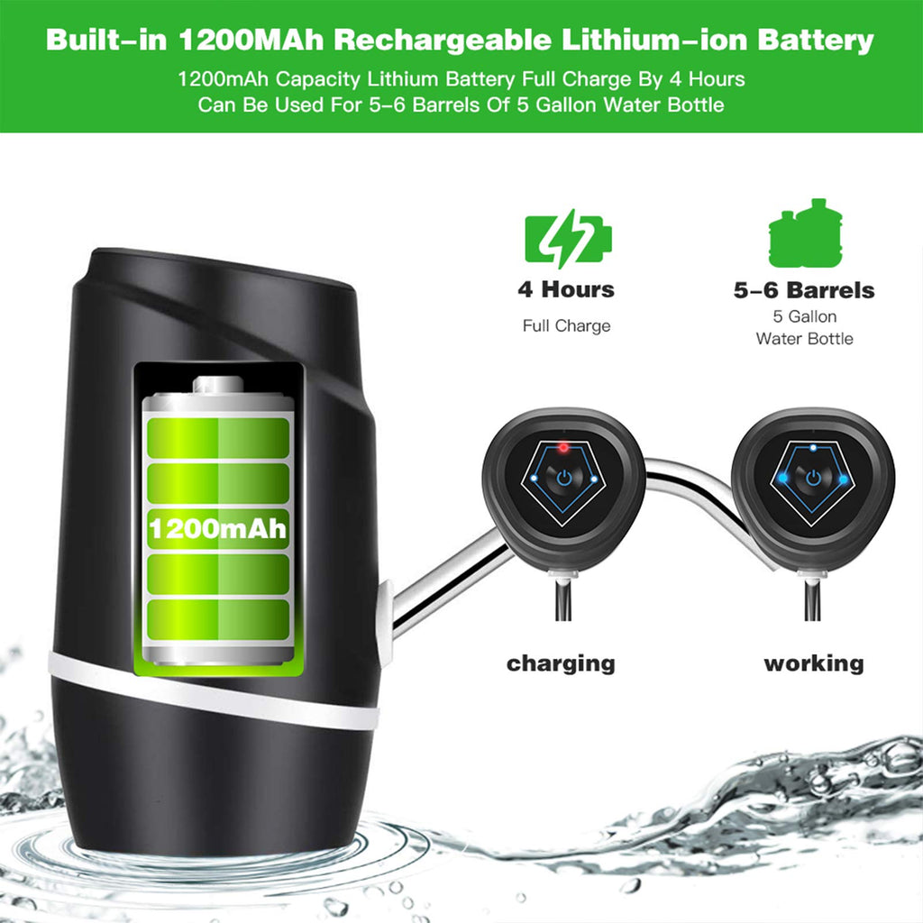 5 Gallon Electric Drinking Portable Water Dispenser, Universal USB Charging Water Bottle Pump For 2-5 Gallon With 2 Silicone