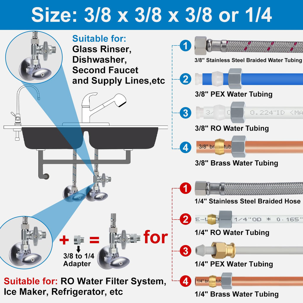 YUHX Brass Angle Stop Add-A-Tee Valve, 3/8 Inch Compression Outlet Easy Connect 3 Way Diverter 3/8"x3/8"x1/4" or3/8"Ice Maker RO System T