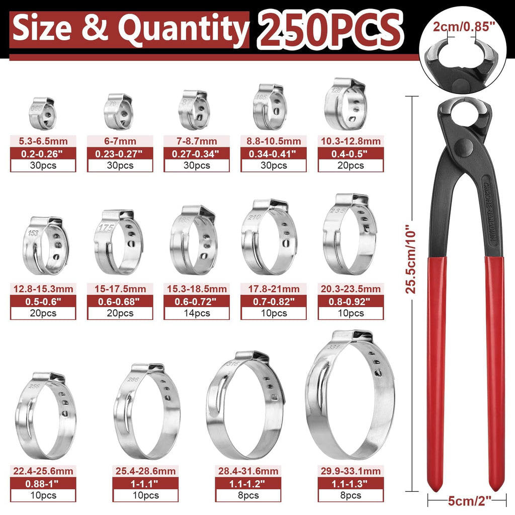Hydencamm 250PCS 14 Sizes Single Ear Hose Clamp, 5.3-33.1mm 304 Stainless Steel Ear Clamp Kit with Ear Clamp Pincer, Stepless Hose Clamps Cinch Rings for Automotive, Home Appliance Line and Plumbing