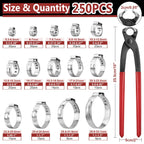 Hydencamm 250PCS 14 Sizes Single Ear Hose Clamp, 5.3-33.1mm 304 Stainless Steel Ear Clamp Kit with Ear Clamp Pincer, Stepless Hose Clamps Cinch Rings for Automotive, Home Appliance Line and Plumbing