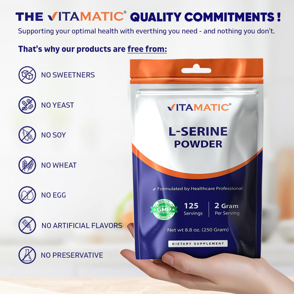 Vitamatic L-Serine Pure Powder 250 Gram | 2000 mg per Serving | 125 Servings | Unflavored | No Additives | Free of Soy, Eggs, Fish & Artificial Ingredients