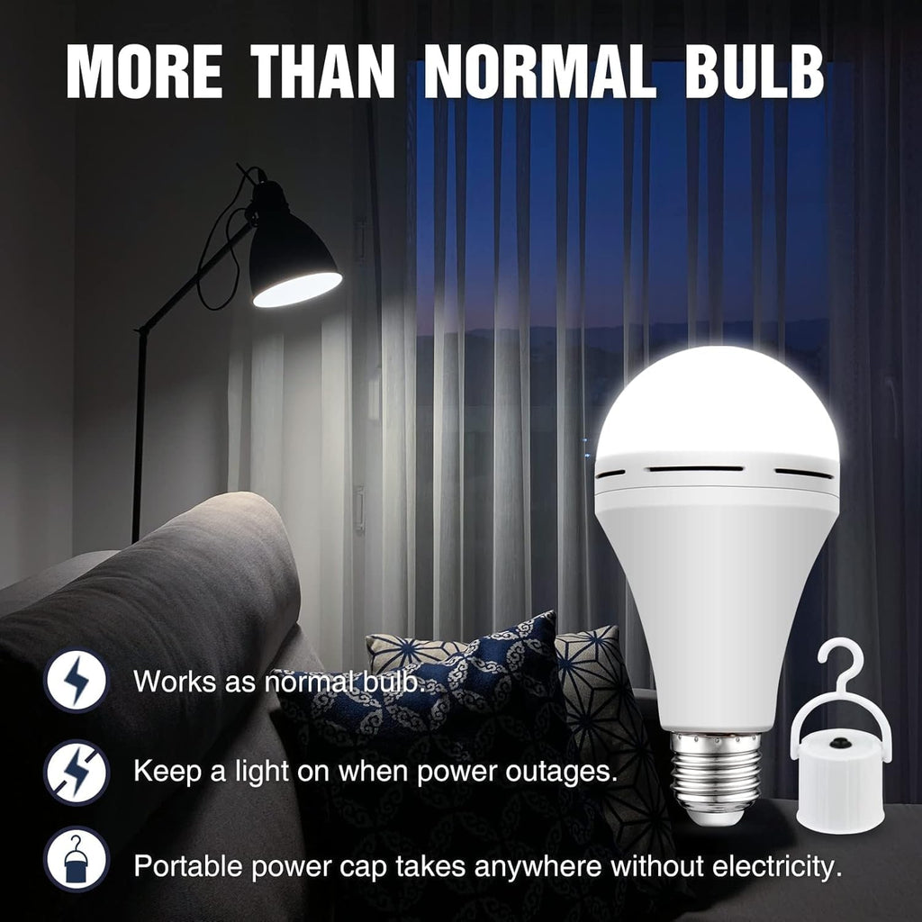 Neporal 4 Pack Emergency-Rechargeable-Light-Bulb, Stay Lights Up When Power Failure, 1500mAh 15W 80W Equivalent LED Light Bulbs for Home, Camping, Tent (E27, with Hook) (Daylight)