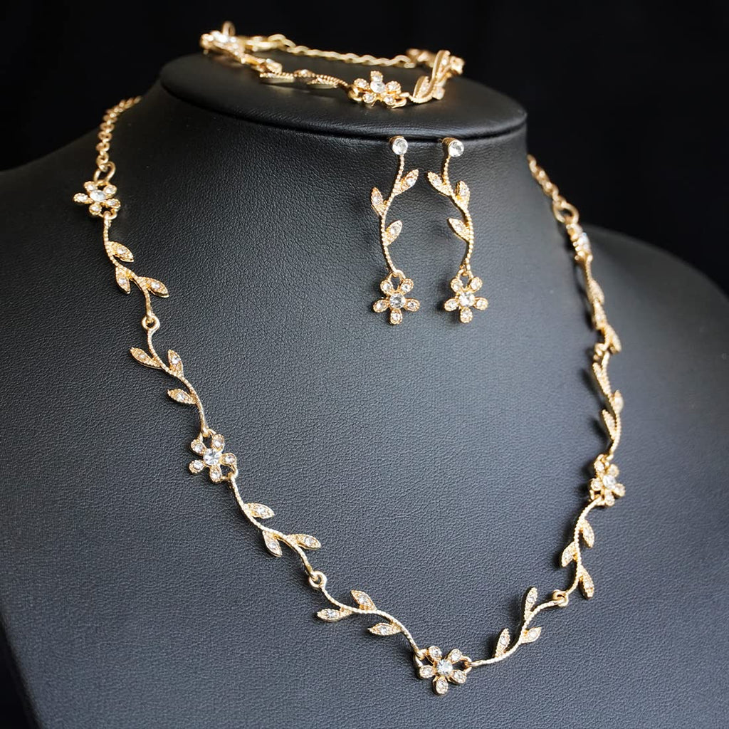 Hapibuy Crystal Necklace Earrings Bracelet Bridal Wedding Jewelry Set Rhinestone Choker Necklace For Women Brides Gold Color