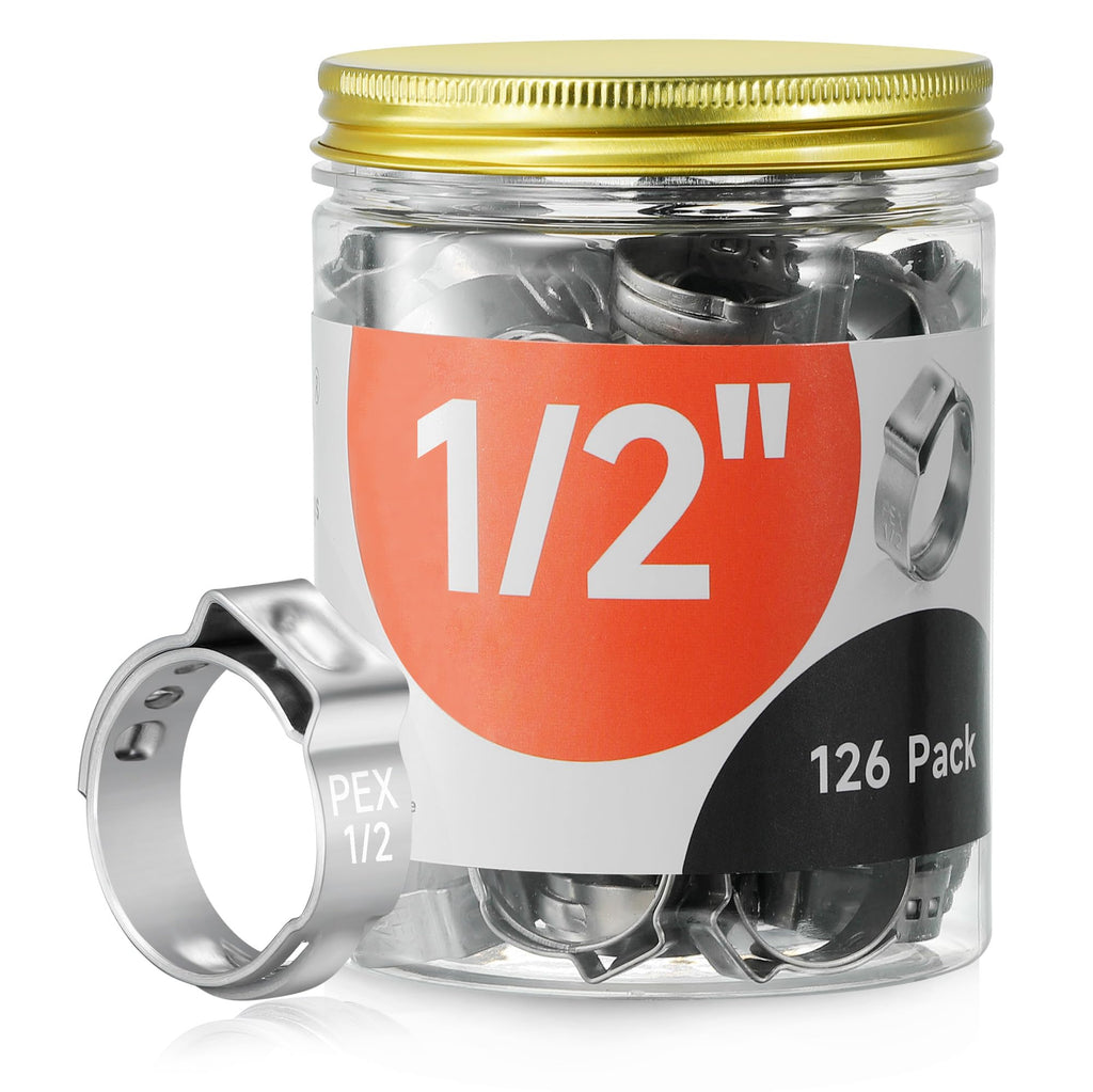 WYSIWYKA 126pcs 1/2 inch PEX Cinch Clamps Rings, 304 Stainless Steel Single Ear Hose Clamps, Pex Crimp Rings for PEX Tubing Pipe Fitting Connections