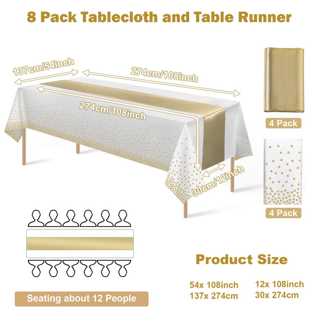 8Pack Disposable Plastic Tablecloths and Satin Table Runner Set White and Gold Dot Tablecloth Gold Satin Table Runner for Wedding Birthday Baby Shower Anniversary Christmas New Year Party Decorations