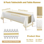 8Pack Disposable Plastic Tablecloths and Satin Table Runner Set White and Gold Dot Tablecloth Gold Satin Table Runner for Wedding Birthday Baby Shower Anniversary Christmas New Year Party Decorations