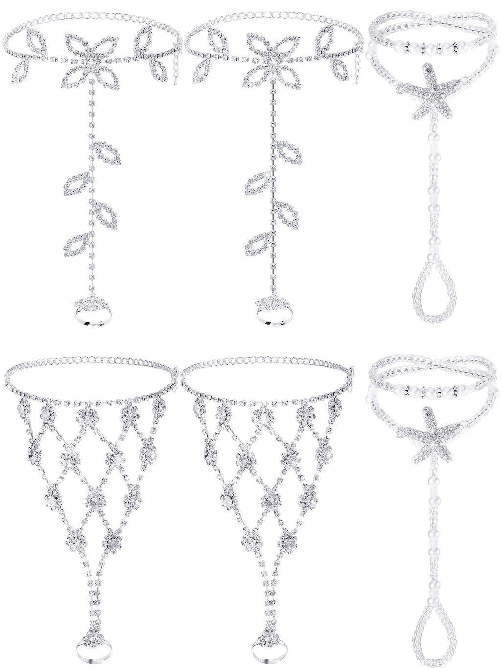 Hicarer 6 Pcs Foot Jewelry Barefoot Sandals for Women Rhinestone Bohemian Foot Ankle Chains for Beach Wedding(Rhinestone Star Leaf Mesh Style)