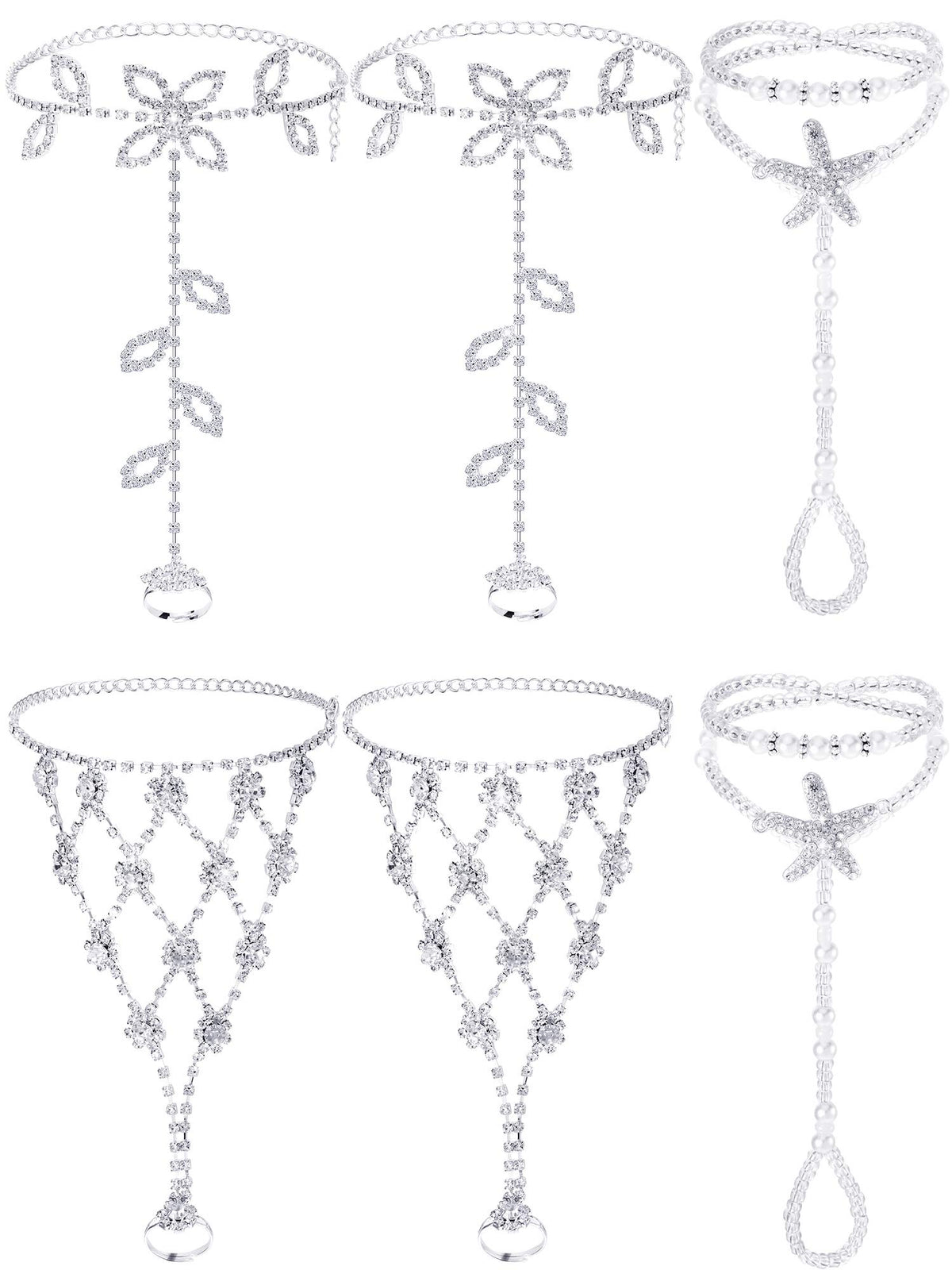 Hicarer 6 Pcs Foot Jewelry Barefoot Sandals for Women Rhinestone Bohemian Foot Ankle Chains for Beach Wedding(Rhinestone Star Leaf Mesh Style)