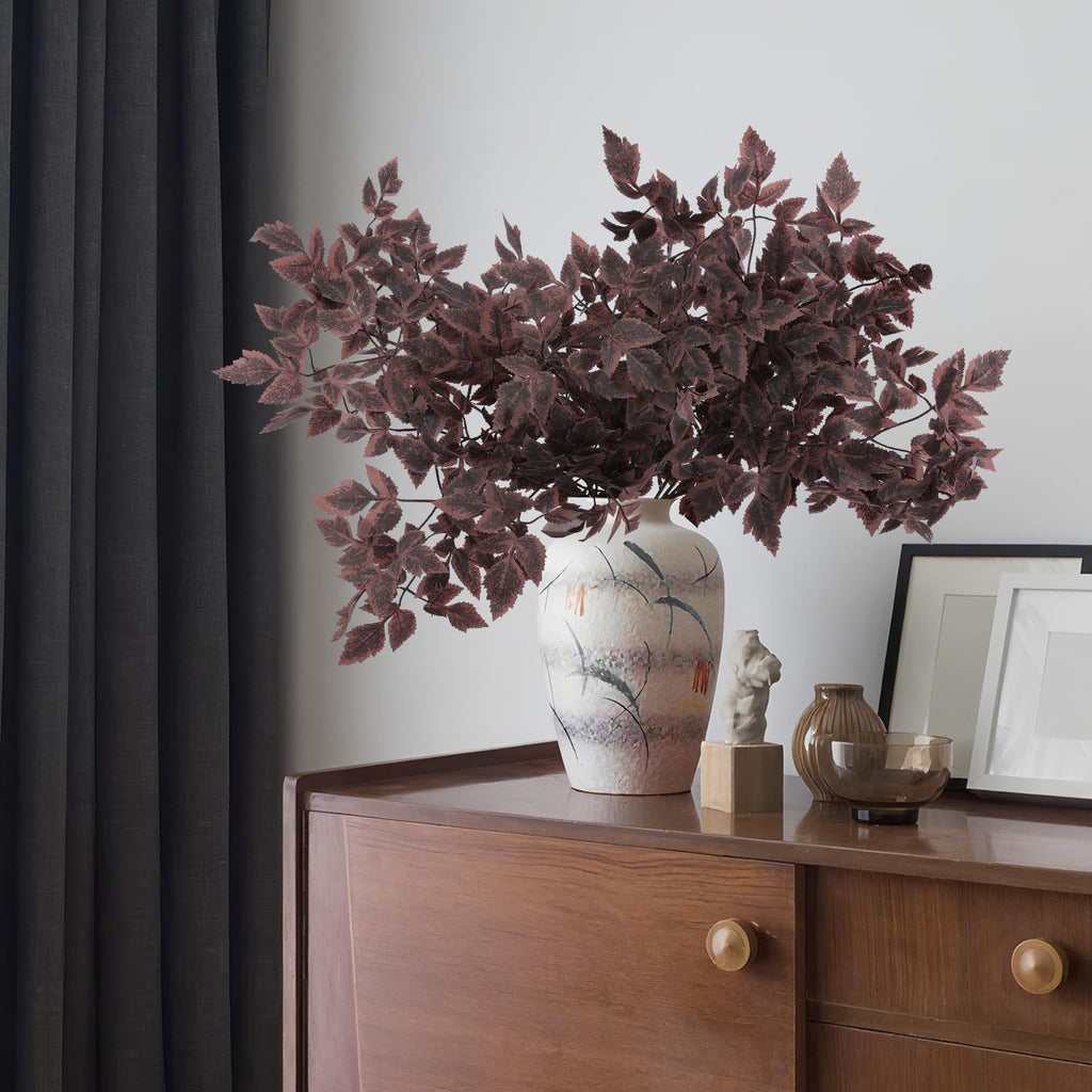 Hananona 4 Pcs Artificial Cimicifuga Leaf Spray, 23 Inch Faux Burgundy Fall Greenery Branch with Long Stems for Vase, Farmhouse Thanksgiving Autumn Centerpiece Halloween Decor (4, Chocolate)