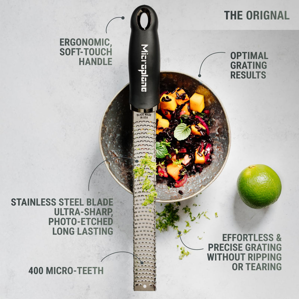 Microplane Premium Classic Series Zester 18/8, Black - Lemon Zester & Cheese Grater & Vegetable Grater - Citrus, Parmesan Cheese, Garlic, Ginger, Nutmeg, Chocolate - Stainless Steel Grater