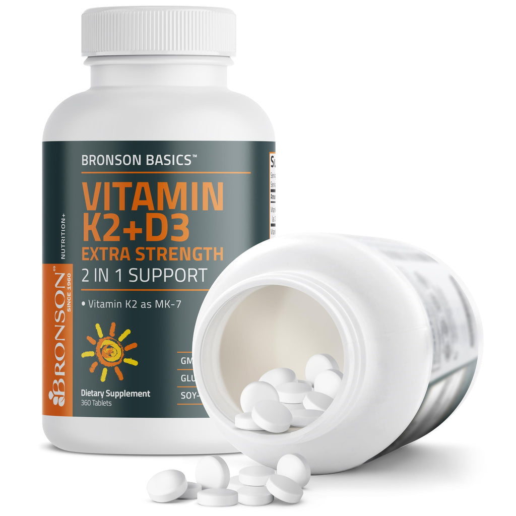 Bronson Vitamin K2 (MK7) with D3 Supplement Extra Strength 2 in 1 Support, 10,000 IU Vitamin D3 & 120 mcg K2 MK-7, 360 Tablets