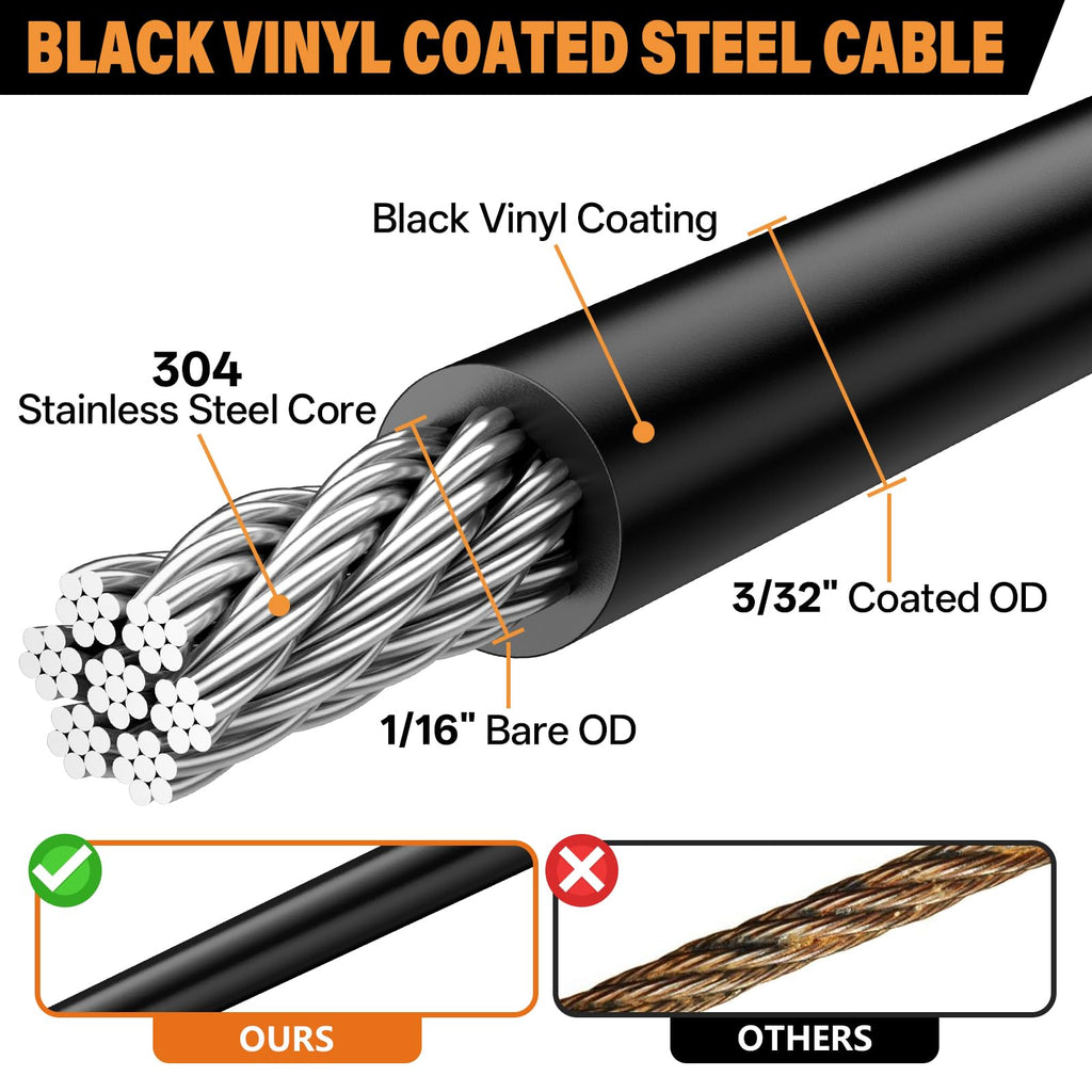 CELYND Black Vinyl Coated Cable - 304 Stainless Steel Wire Rope 1/16 Inch Overmolded to 3/32 Inch for Outdoor Hanging DIY Projects String Lights Trellis Clothesline 200ft