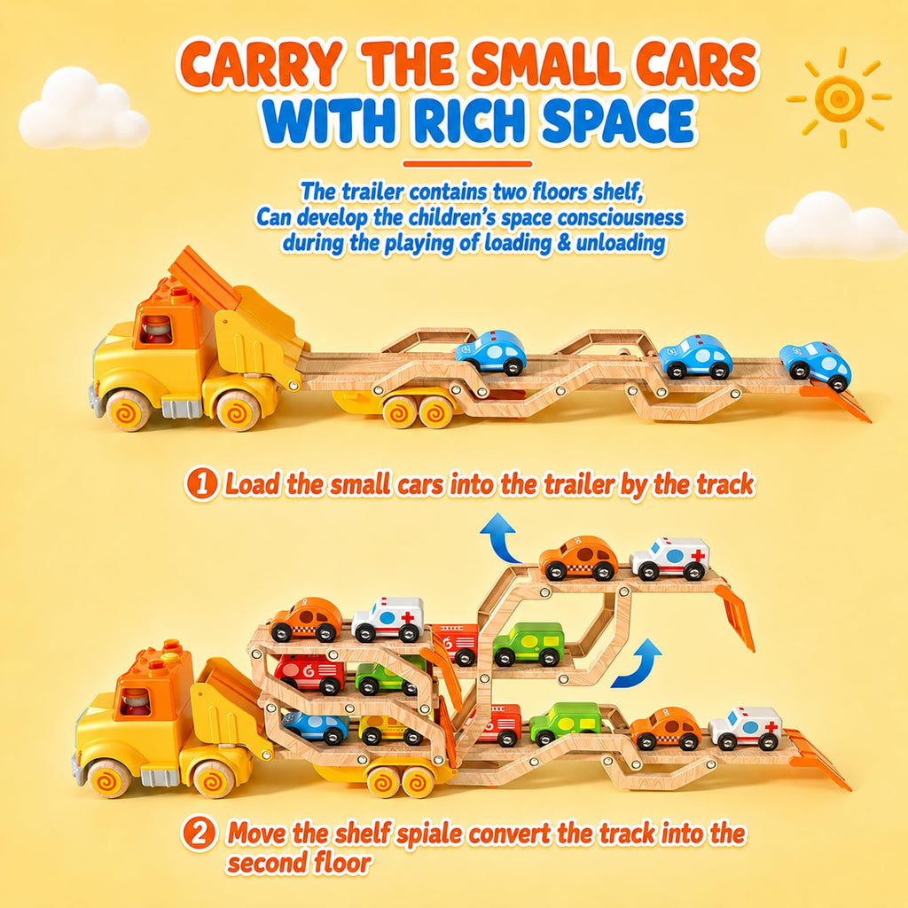 Toddler Toys for 2 3 4 5 Years Old Kids, Transport Car Carrier Truck Toy with 6 Wooden Vehicle, 30in Foldable Track Trailer with Light & Sound Effects, Best Gift Choice for Christmas, Birthday