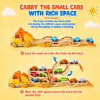 Toddler Toys for 2 3 4 5 Years Old Kids, Transport Car Carrier Truck Toy with 6 Wooden Vehicle, 30in Foldable Track Trailer with Light & Sound Effects, Best Gift Choice for Christmas, Birthday