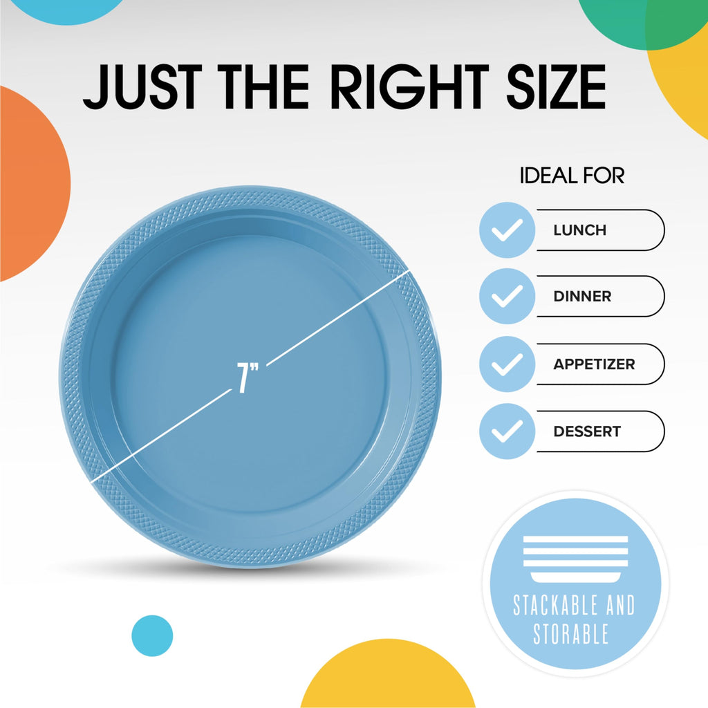 Party Solids Light Blue Plastic Plates For Party 7" Light Blue Disposable Plates For Party Supplies 100 Pcs Plastic Dinnerware Sets Heavy Duty 350 GSM Disposable Dinnerware Set