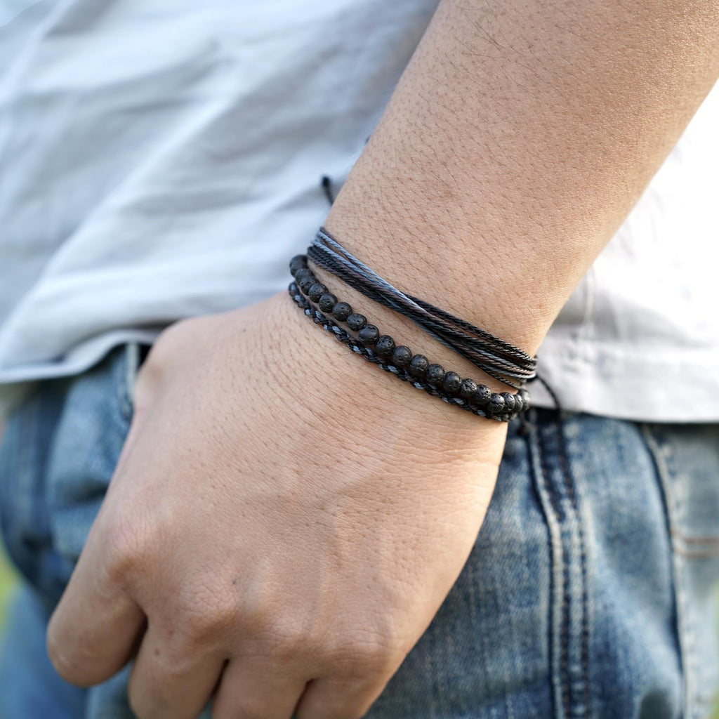 Mezcla Vida Handmade Natural Stone Beaded Healing Bracelet Gift for Men Adjustable Rope String Bracelet (Lava Rock, Adjustable)