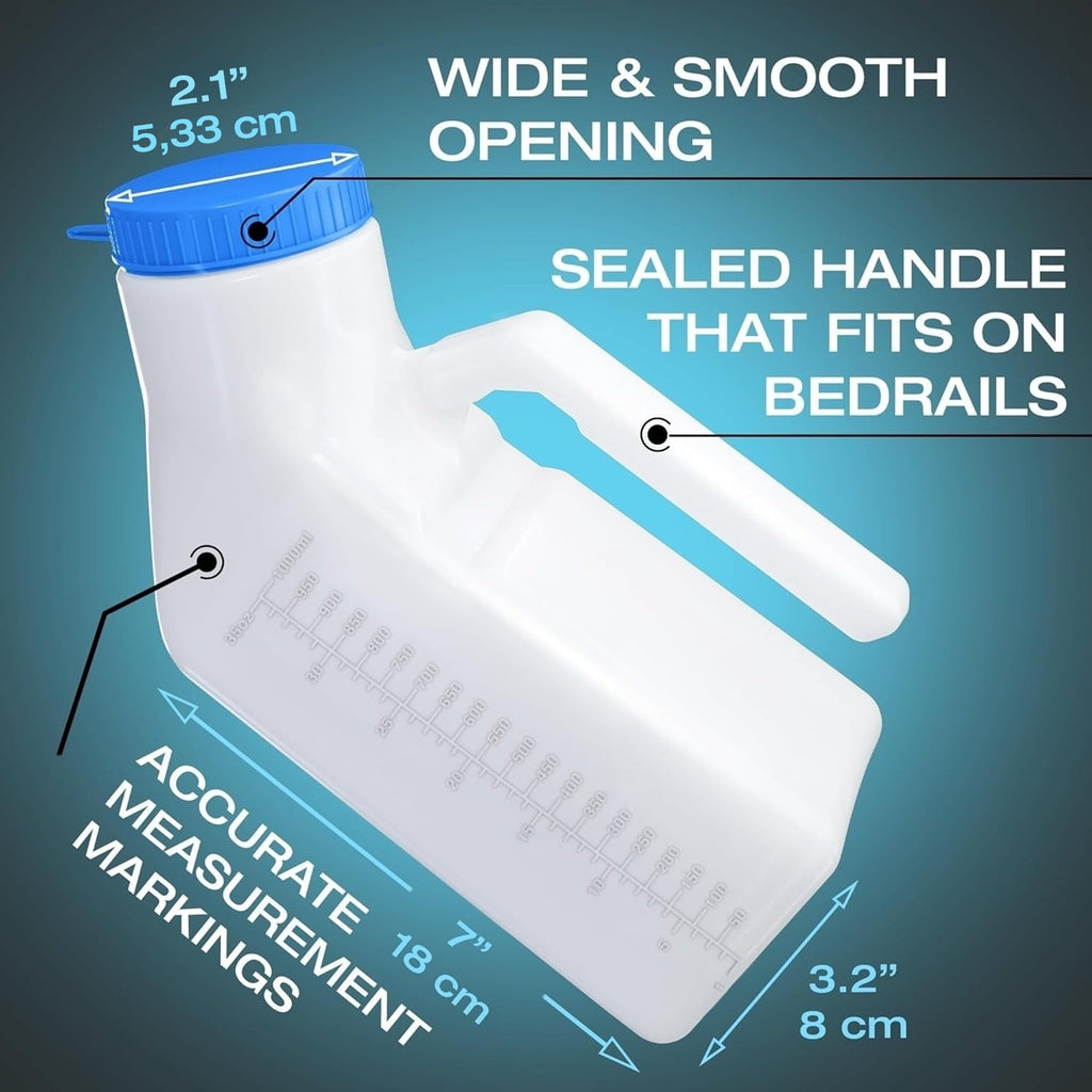 Urinals for Men Glow in The Dark Lid by Tilcare (3 Pack) - 32oz/1000mL Thick Plastic Mens Bedpan Bottle with Screw-on Lid - Spill Proof Urinary Chamber - Male Portable Travel Pee Bottles