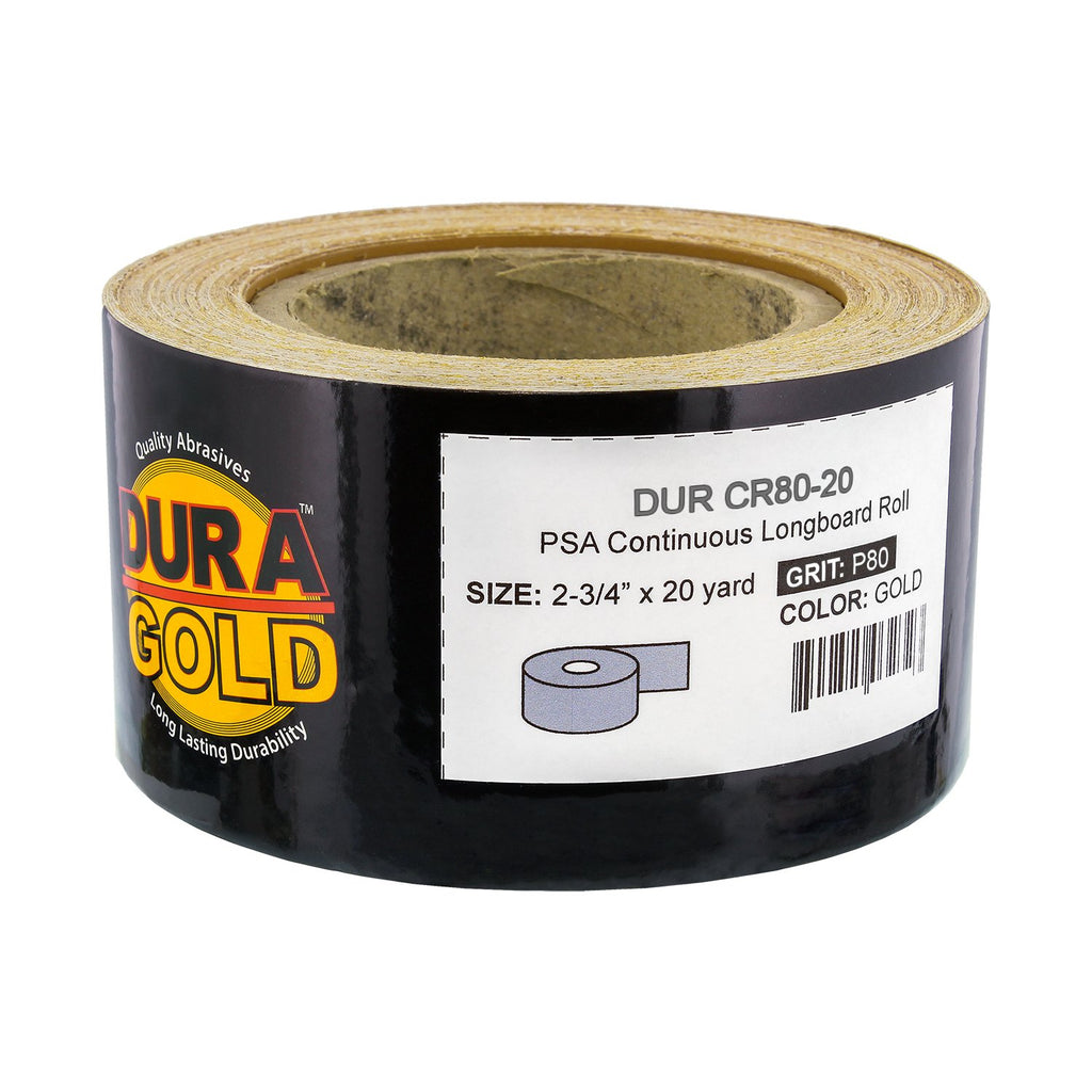 Dura-Gold Premium Gold 80 Grit PSA Longboard Sandpaper, 20 Yard Roll, 2-3/4" Wide, Self Adhesive Stickyback, Woodworking & Automotive Sandpaper Roll, Air File Sand Paper, Auto Sanding Blocks