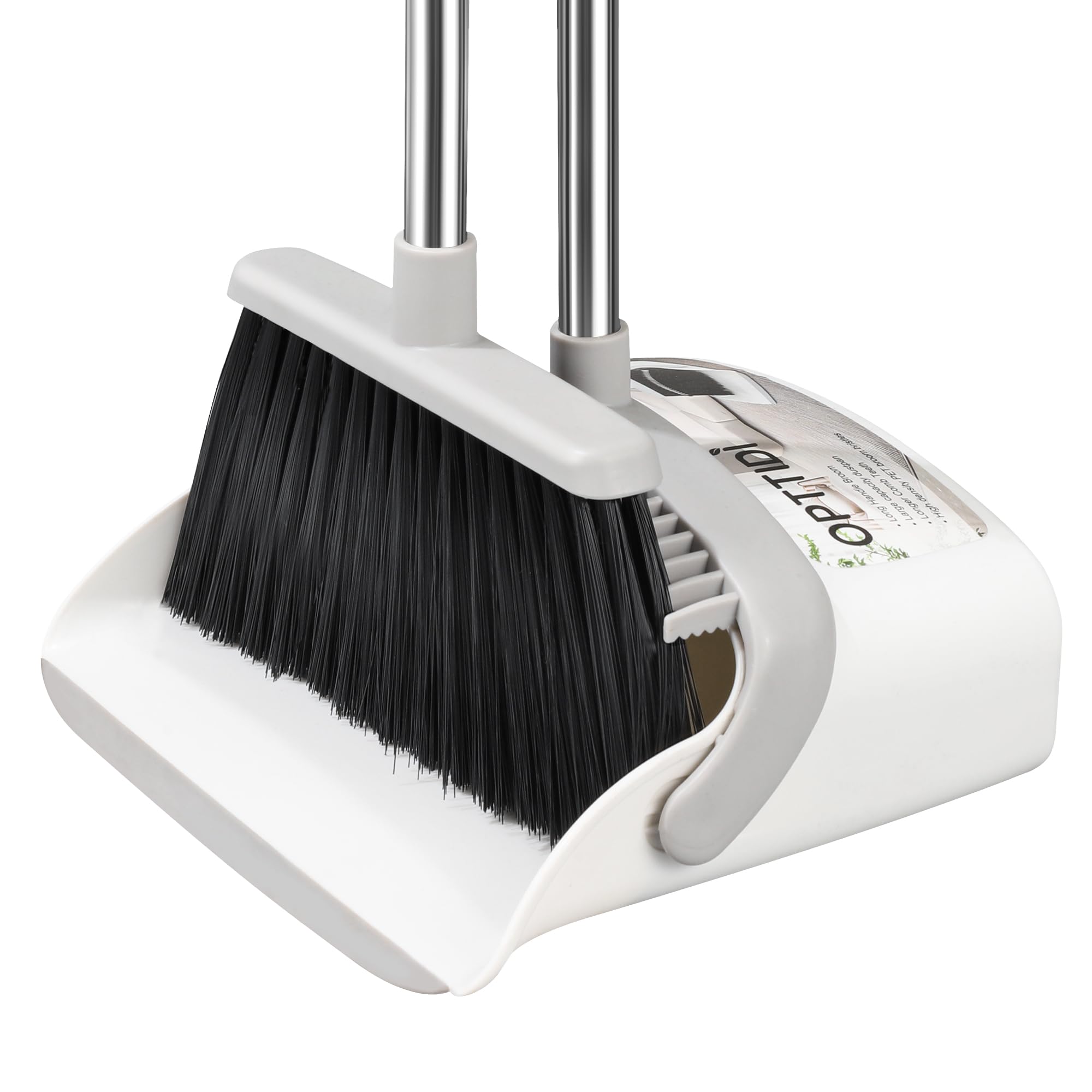 OPTTIDI Broom with Dustpan Combo Set, Hand Broom and Dustpan Set for Sweeping Indoor Angle Broom for Home Office Kitchen Lobby Floor Pet Hair Indoor&Outdoor Cleaning (White&Gray)
