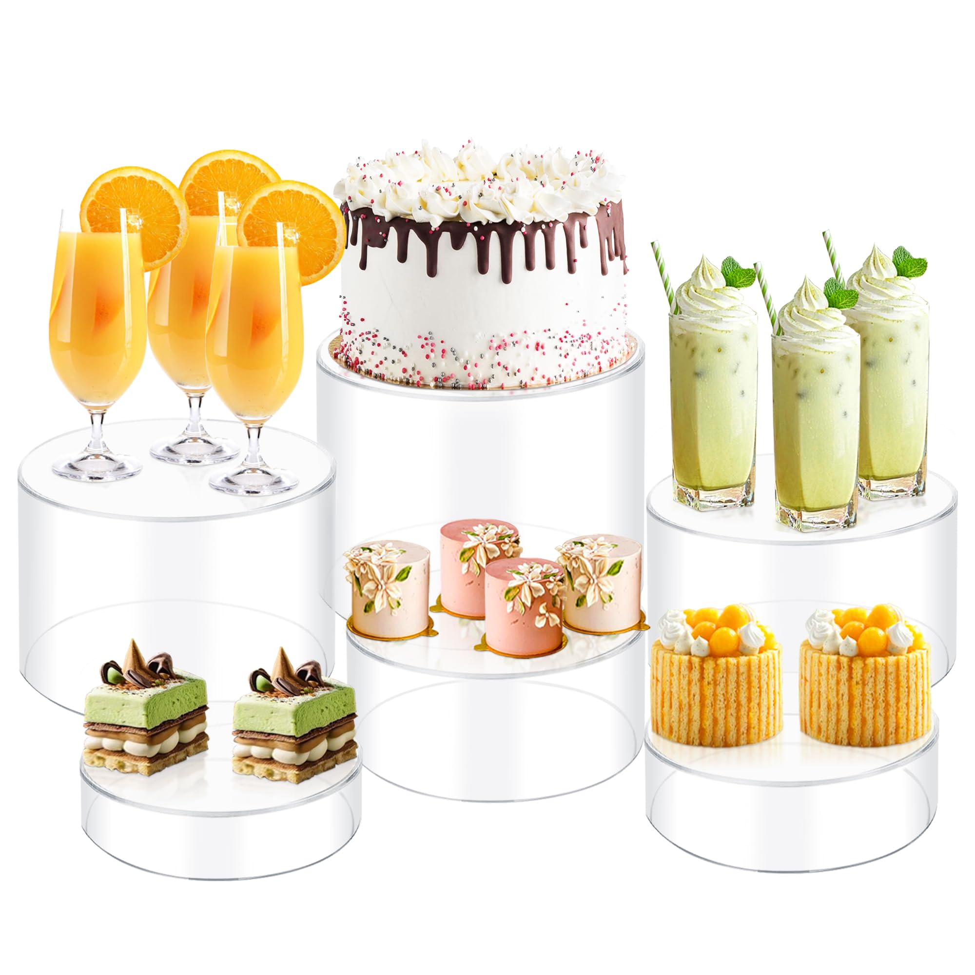 koretech 6Pcs Buffet Risers, Food Risers for Buffet, Acrylic Boxes for Display Round Riser Display Cases Acrylic Round Display Base, Clear(Size 6",6.5",6.7",7",7.5",8")