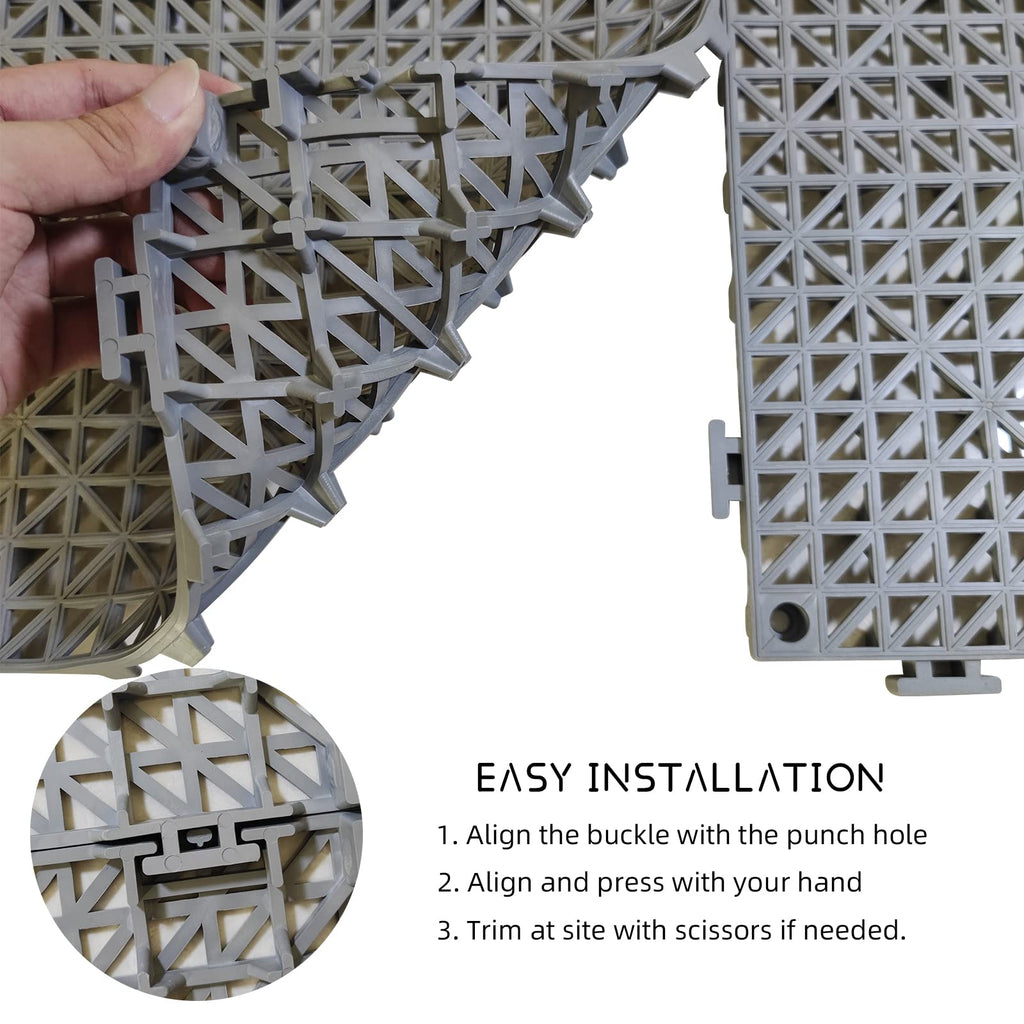 Jaderlu 12 Pack Modular Interlocking Cushion 11.6" x 11.6" Rubber Mat Floor Tile Mats Drain Pool Patio Balcony Yard Pet Area Washer Pad(Gray)