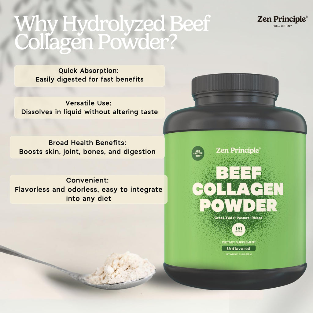 Zen Principle Grass-Fed Agglomerated Collagen Peptides 5 lb. Anti-Aging Hydrolyzed Protein Powder for Healthy Hair, Skin & Joints. Paleo and Keto Friendly, GMO and Gluten Free, Pasture-Raised Bovine.