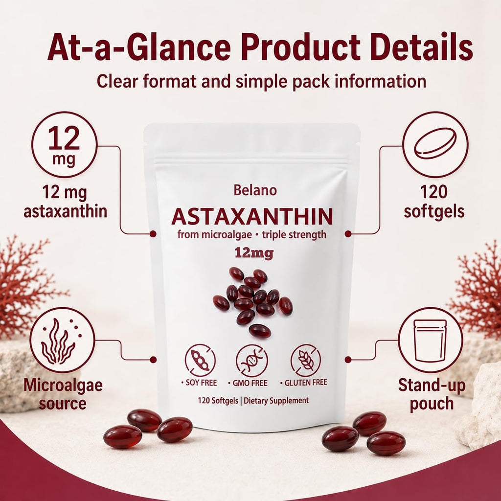 BELANO Nuvapure Astaxanthin12mg，Easy to Swallow, Non-GMO，4-Month Supply，120 Softgels