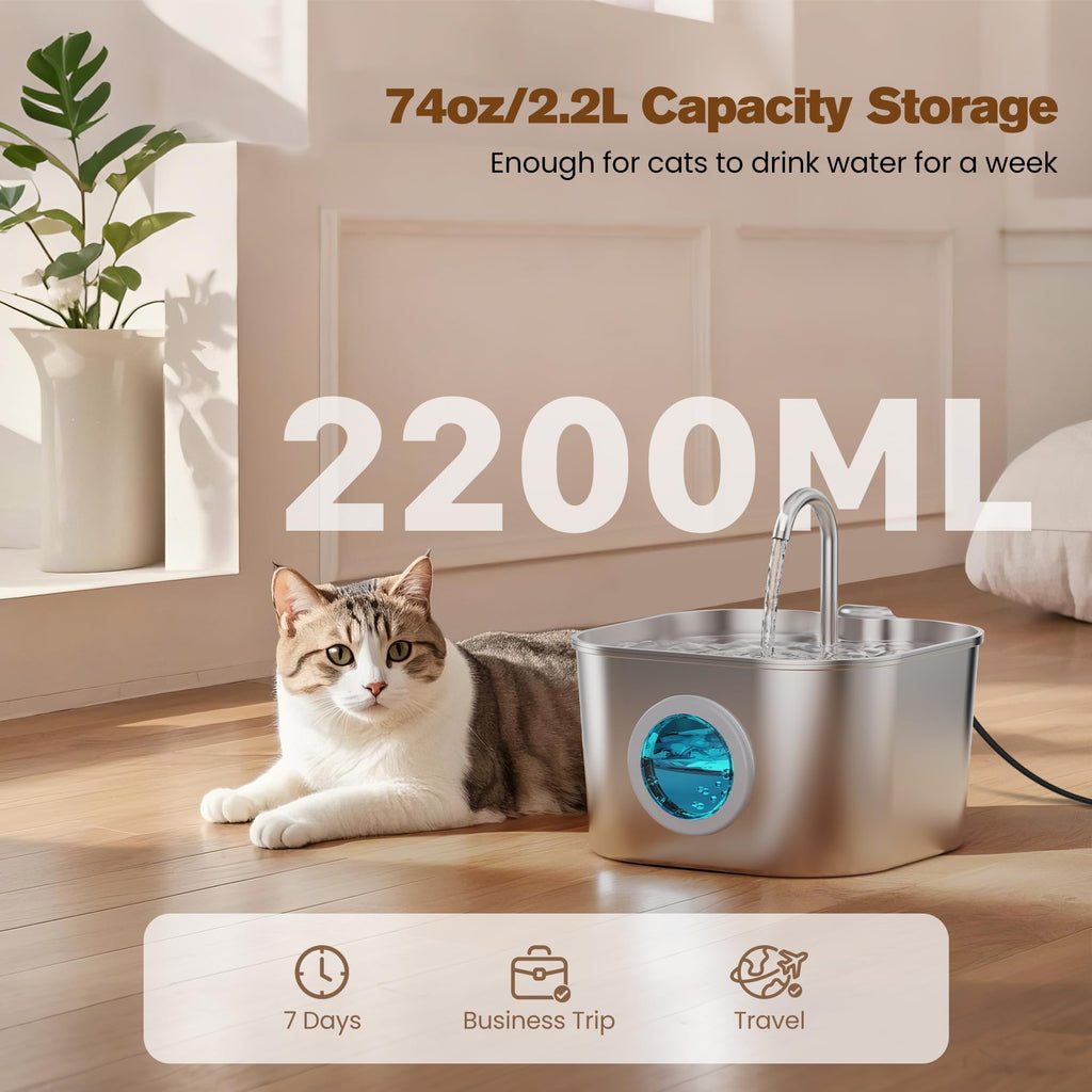 Cat Water Fountain Stainless Steel: Pet Fountains for Cats/Dog Indoor 74oz