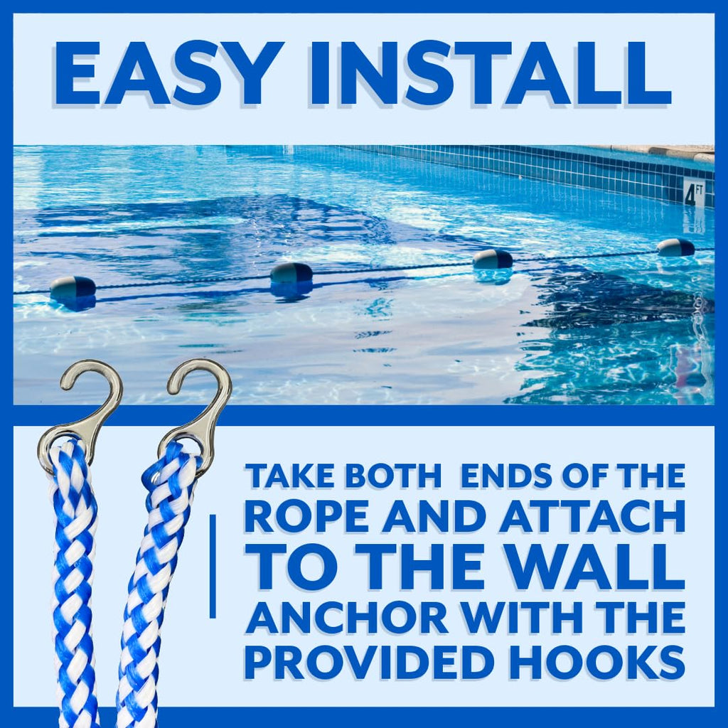 Poolzilla 20ft Swimming Pool Safety Rope and Float Kit Pre-Assembled Shallow End Divider with Stainless Steel Hooks
