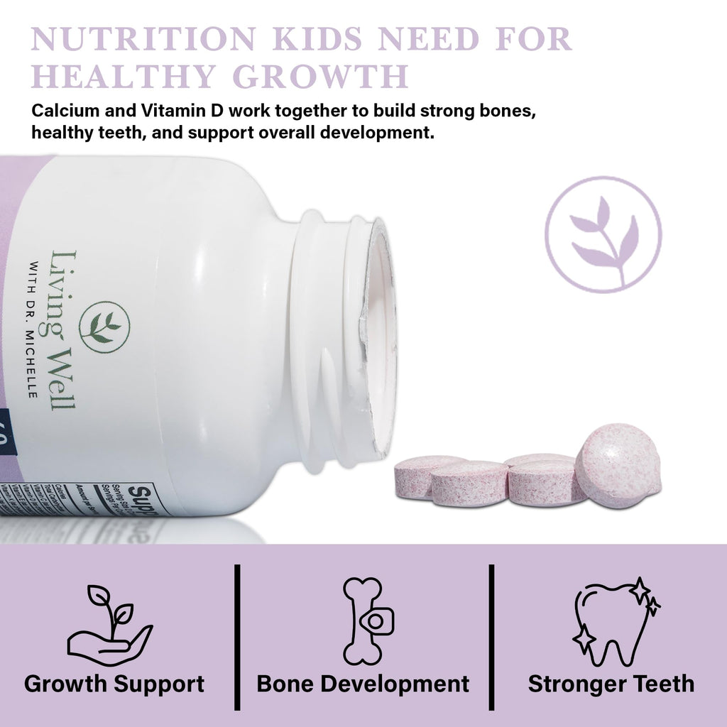 Living Well Kids Calcium & Tooth Support – Chewable Bone Health Vitamins with D3 + K2, Magnesium & Zinc – Strong Teeth & Enamel Defense – Berry Flavor – Fluoride-Free, Non-GMO