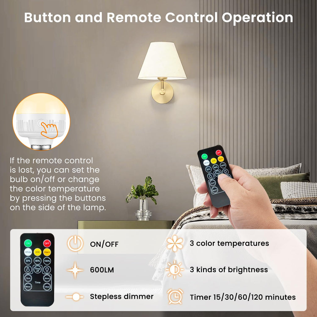 SCOPOW 1PC Rechargeable Light Bulbs with Remote Control Timer and 3 Color Temperature Rechargeable Battery Operated Light Bulb (5W+E26+3Colors+1PC)