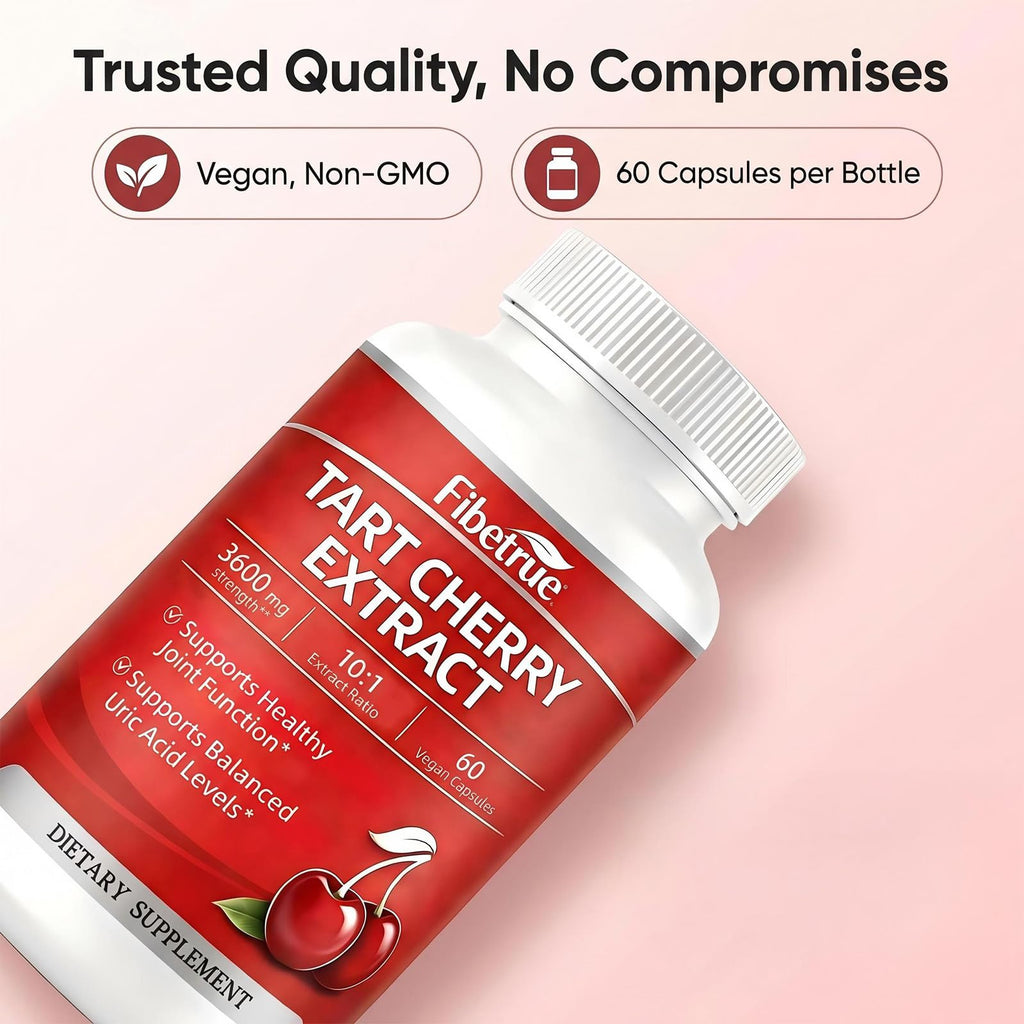 Fibetrue Tart Cherry Extract Capsules 3600mg (10:1) – Montmorency Cherry for Joint Comfort & Uric Acid Balance – Antioxidant Support – Vegan, Non-GMO – 60 Capsules